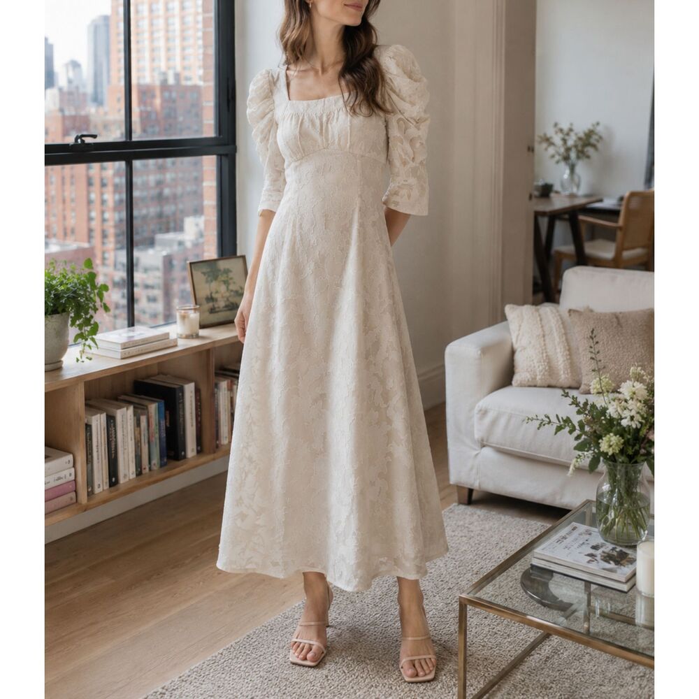 Elegant Ivory Jacquard Maxi Dress Size Small